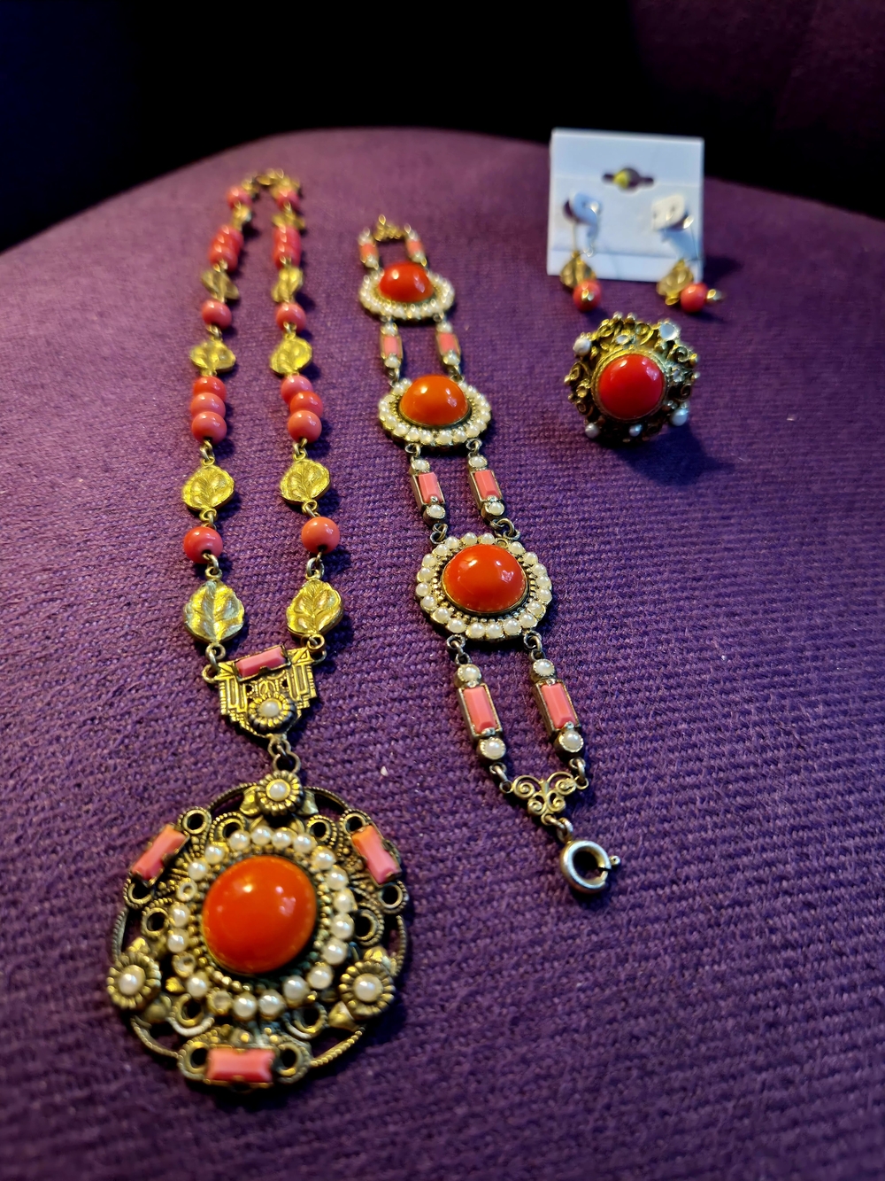 Vintage-1930's - 1940's Inspired Cora Cabochon  Necklace Ring Earrings Bracelet